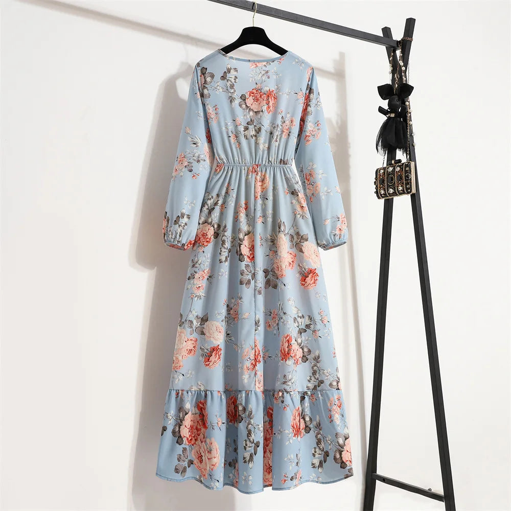 Women Floral Printed Maxi Dresses Spring Summer Casual O Neck Full Sleeve High Waist A Line Boho Beach Party Long Dress Vestidos