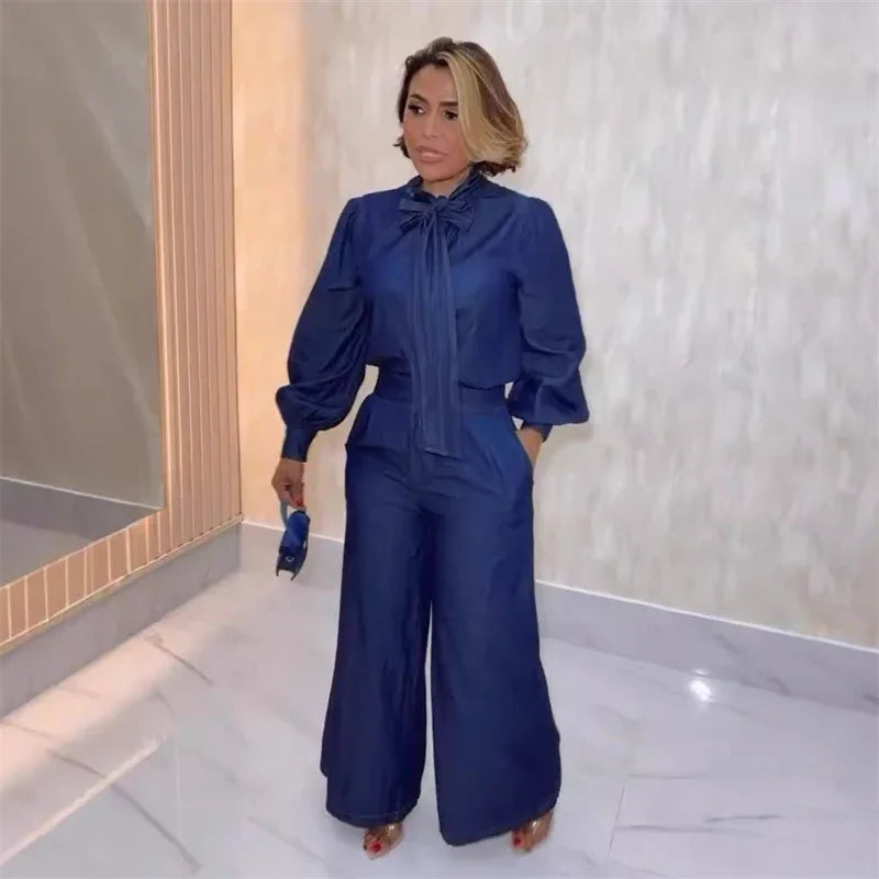 Lmitation Denim Pant Sets Womens 2 Piece Outfit Loose Fit Lantern Sleeve Bow Tie Shirt Top and Wide Leg Pants Matching Sets