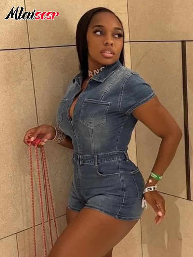 Mlaiscsr Women Casual Street Denim Short Sleeve Playsuits Lapel Party Jeans Slim Shorts Jumpsuits Bodysuits Vintage Rompers