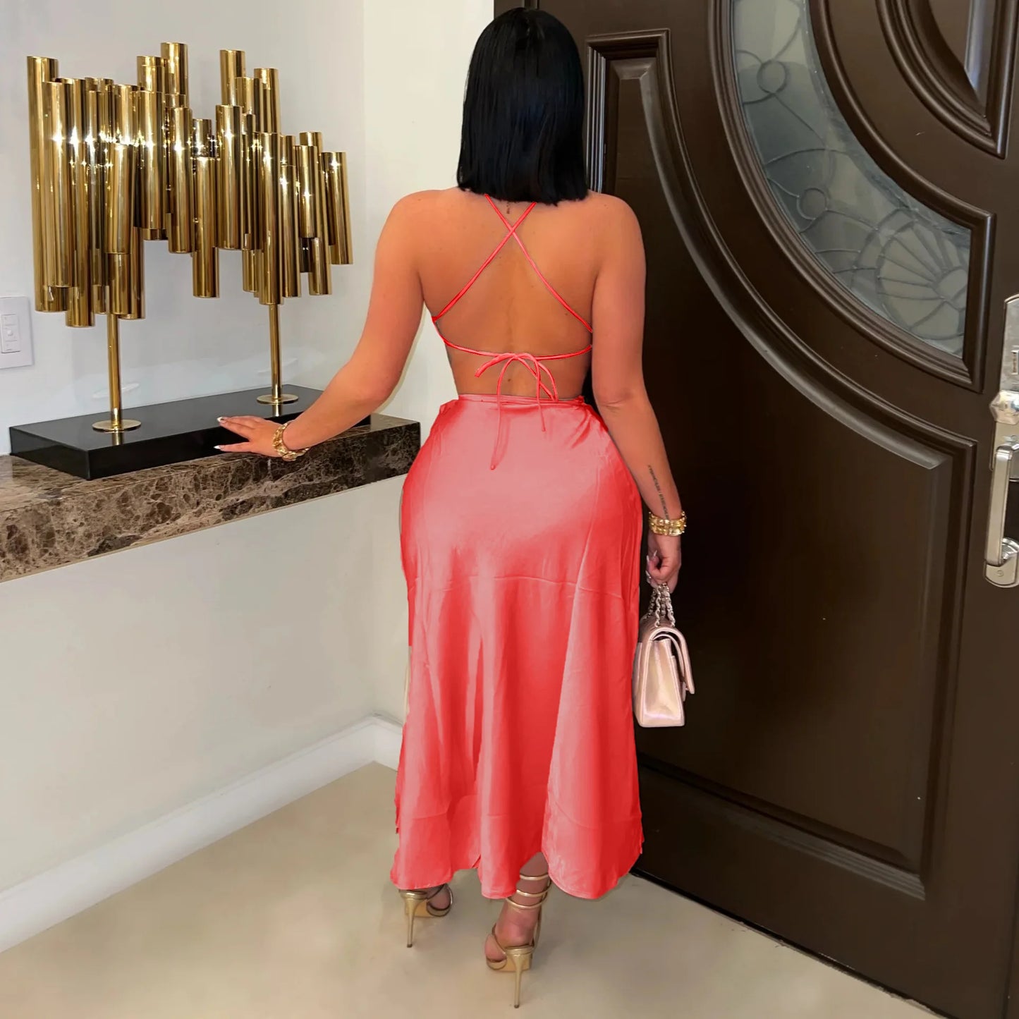 CM.YAYA 2025 Sexy Party Club Night Women's Set Halter Neck Crop Top and Side Split A-line Maxi Skirt Suit Two 2 Piece Set Outfit