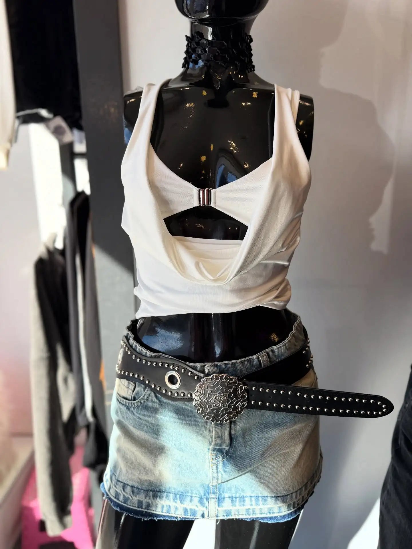Sexy Gothic Womens Sling and Mini Skirt 2 Piece Set Y2k Retro Wash Denim Short Skirts A-line Skirt Women Off Shoulder Vest Suit