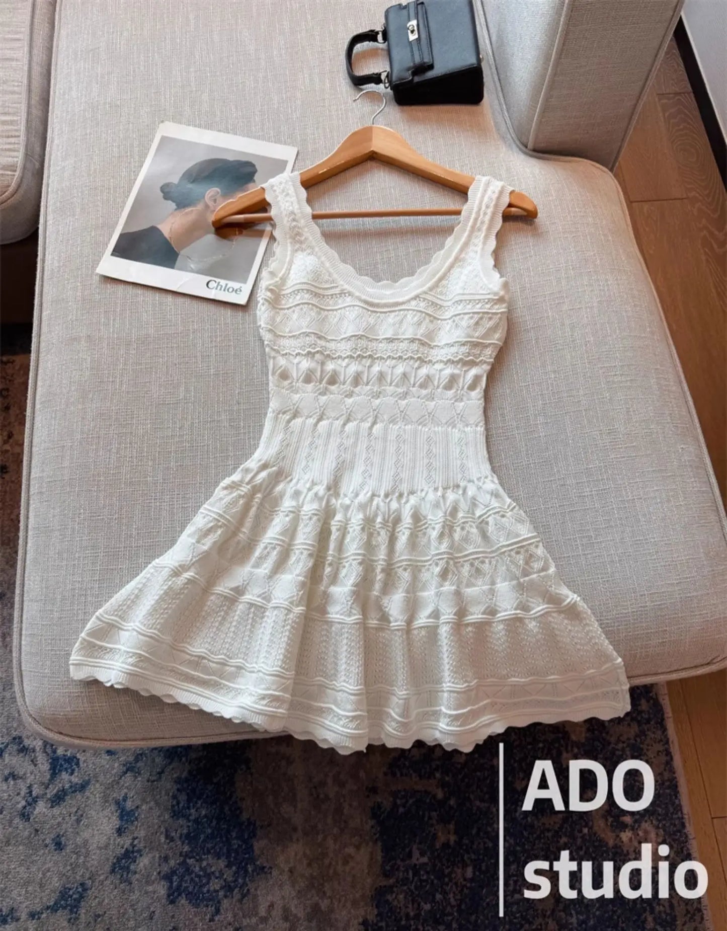 White Sweet A-line Ruffle Edge Knitted Vest Dress Women's Summer French Fashion Slim Temperament Sexy Girl Hollow Short Dress
