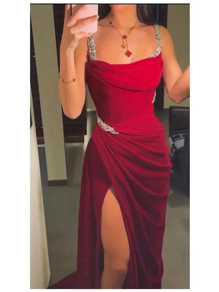 Red Front Split Beaded Satin Evening Dress for Women