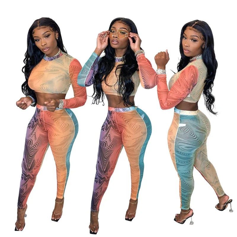 Printing 2 Piece Outfit Set Women Clothing Sportwear Fitness Skinny Long Sleeve Top and Pants Leggings Matching Sets Tracksuit