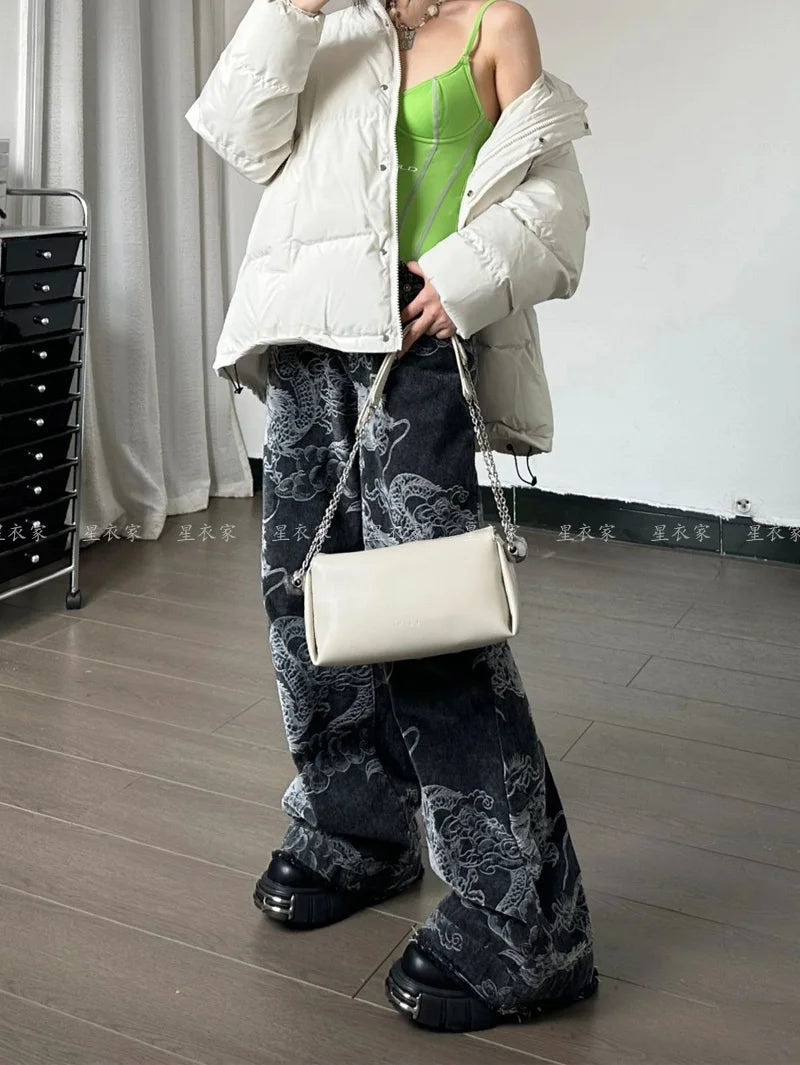 Women Black Gothic Dragon Print Jeans Baggy Vintage Aesthetic Cowboy Pants Harajuku Denim Trousers Y2k Trashy 2000s Clothes 2024