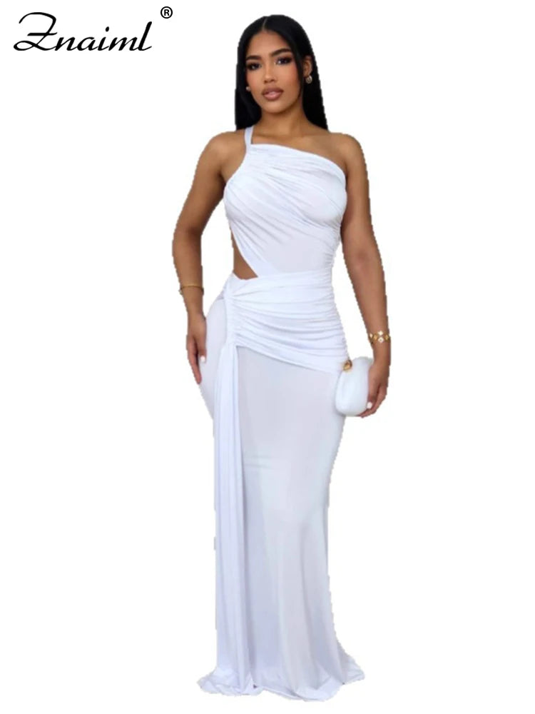 Znaiml Women Hollow Out One Shoulder Sleeveless Bodycon Birthday Long Dress Green Irregular Ruched Sexy Evening Gown Vestidos