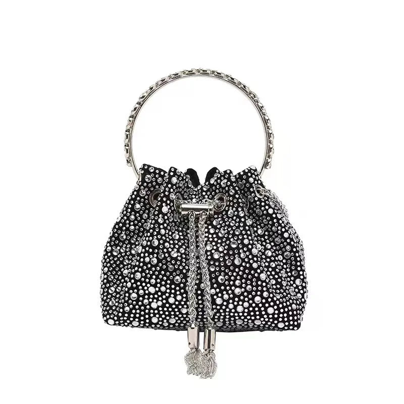 Crystal Shiny Diamonds Bucket Bag Fashion Women Handbag Metal Ring Handle Evening Bag Wedding Party Clutch Purse Crossbody Bag