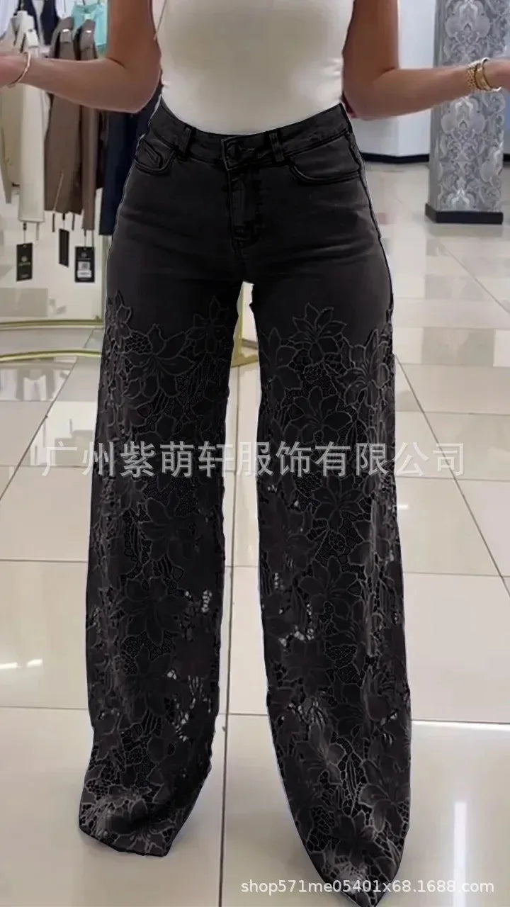 Women's Spring Summer Fashion Hollow Out Lace Splicing Denim Drape Pants Full Length Trousers
