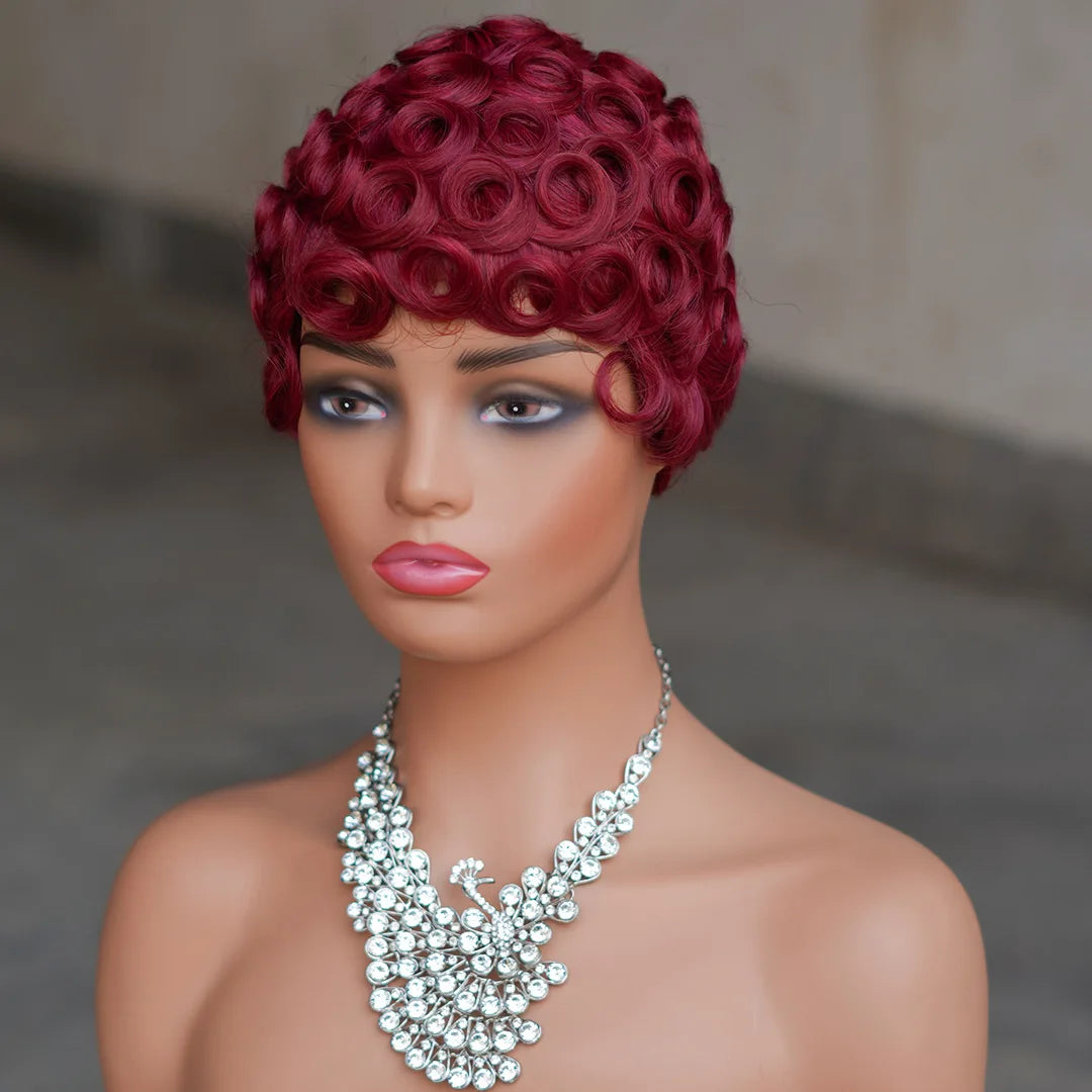 Premium Short Pixie Wig for Black Women 99J Brazilian Virgin Remy Hair Natural Small Curls Comfortable & Durable