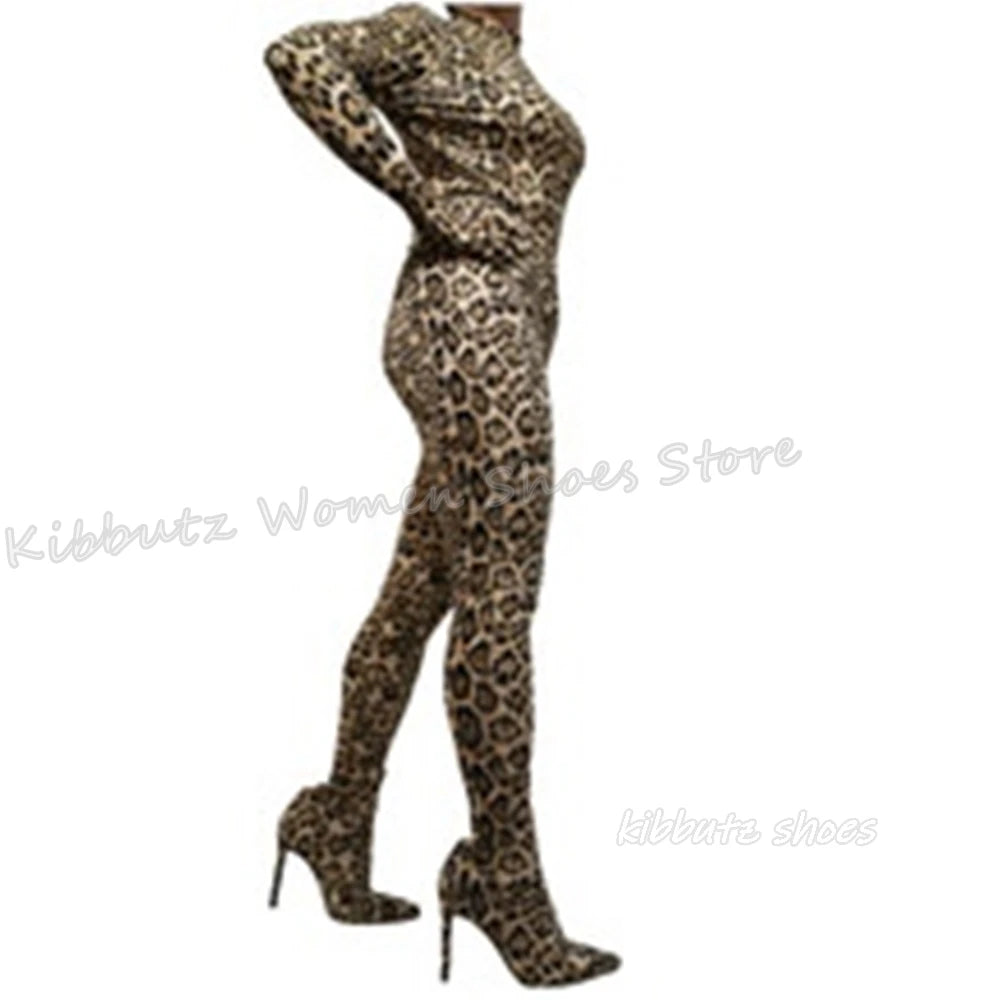 Leopard Pant Boots Over The Knee Luxury Leather Mixed Color Sexy Novelty Fashion Women Shoes Clothes Pointed Toe Thin Heel New