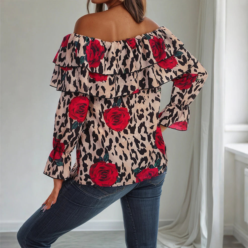 Women's Sexy Leopard Floral Printed Slash Neck Chiffon Blouse Autumn Spring Ladies Ruffle Casual Holiday Tops Size S-2XL