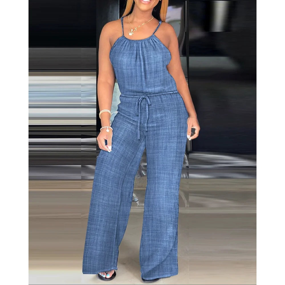Women Solid Color Round Neck Wide Leg Straight Overalls Summer Spaghetti Strap Drawstring Waist Casual Black Jumpsuits