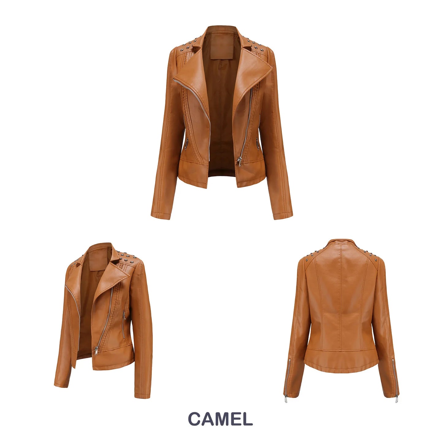 Women's Punk Rivet Leather Jacket Spring Autumn Retro Turndown Collar Slim Casual Ladies Faux Soft Leather Moto Biker Outerwear