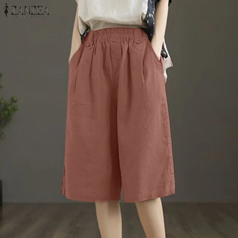 ZANZEA Woman Casual Mid-Length Shorts Elastic High Waist Loose Solid Wide Leg Pants 2025 Summer Holiday Comfort Weekend Shorts