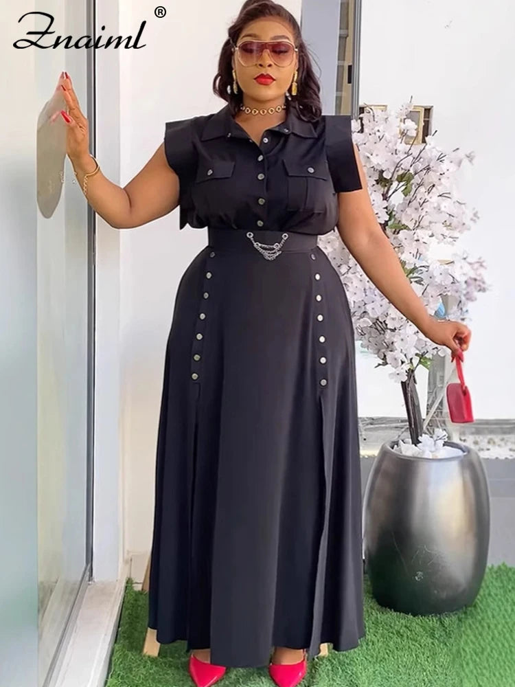 Znaiml Summer Birthday Party Evening 2 Piece Dress Set Women Sleeveless Shirt and Cargo Split Long Skirts Suit Vacation Outfits