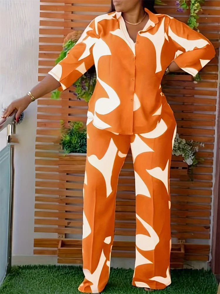 Wmstar Plus Size Two Piece Set Women Wholesale Print Pants Sets Button Shirts Top and Flared Trousers New in Summer 2025
