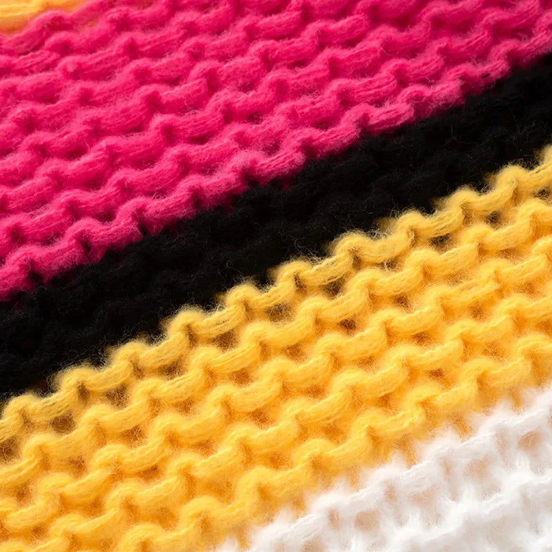 Rainbow Check Cropped Long Sleeve Knit Sweater for Women