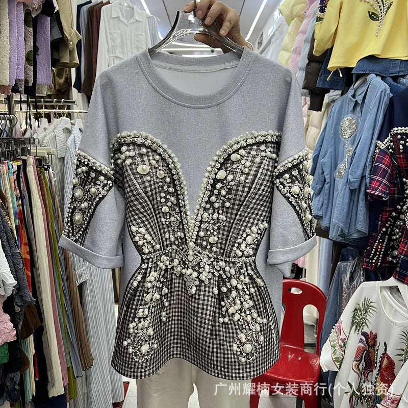 Colorblock Plaid Short Sleeve Female T-shirt Luxury Beading Round Neck Pullover Top All-match Spring Summer Women Casual Tees