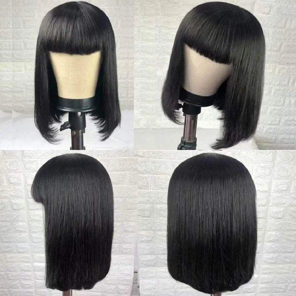 Human Hair Short Bob Wigs With Bangs Straight Hair Fringe Bob Wig for Women #4 Chocolate Brown #99j Dark Red Full Machine Wigs