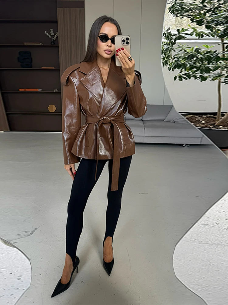 2025 Autumn Women's Jacket Vintage Laple Brown PU Leather Belt Pockets Jackets Female Fashion New Winter Loose Lady Streetwears