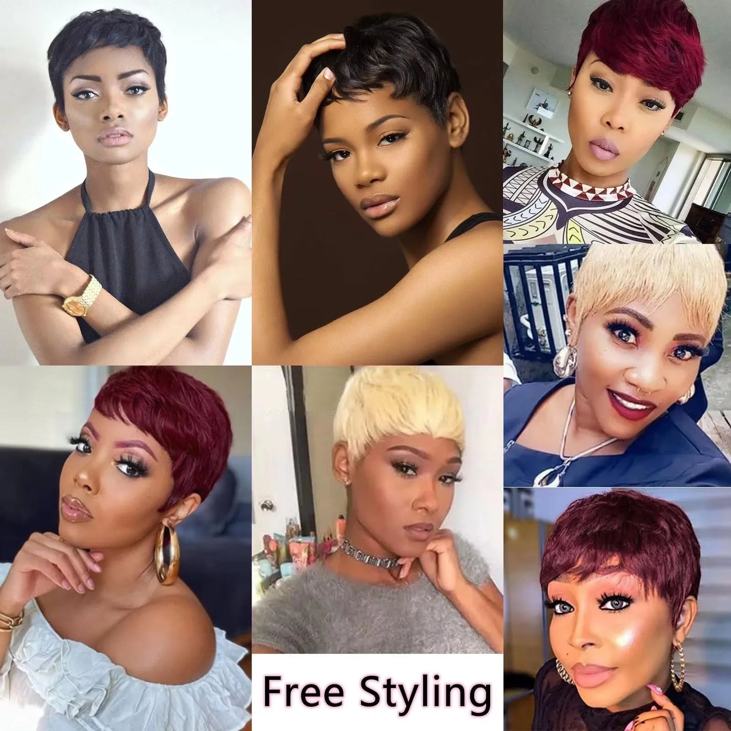 Human Hair Short Pixie Cut Wig 4# Staright Layered Pixie Cut Wig P4/27 Ombre Brown Full Machine Made Burgundy Red Color 613#