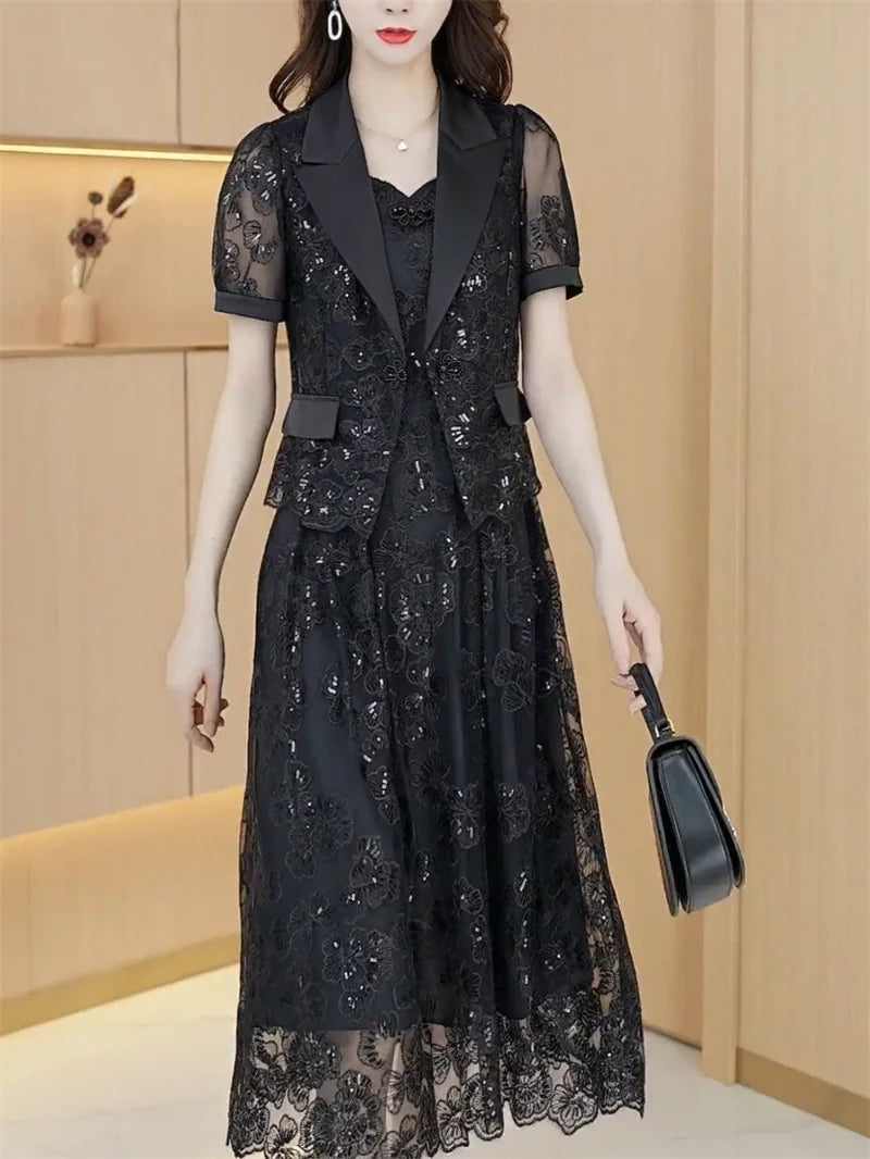 Lace Dress Women's High end Luxury Lady Two Piece Sets Silk Dress Suit Jacket And Dress 2023 Summer Waist Slim Long A-line Dress