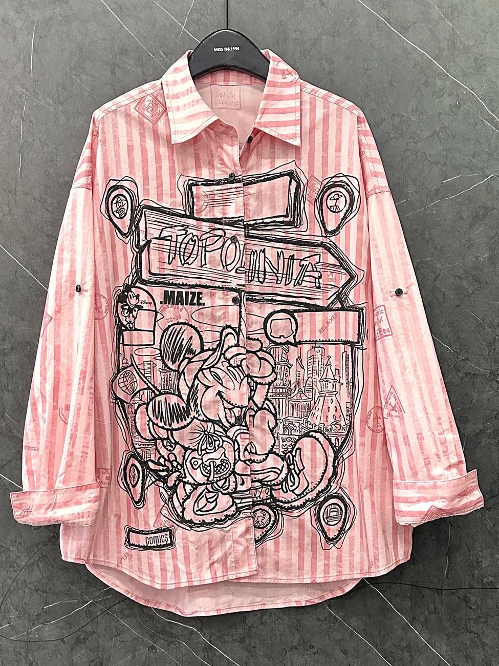 Spring and Summer New Cartoon Design Striped Long-sleeved Shirt Women's Loose Sweet College Style Long Pink Top Single Breasted