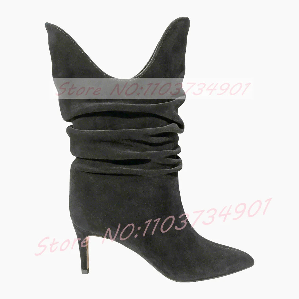 Fuchsia Pleated Pointy Toe High Heel Suede Ankle Boots For Women