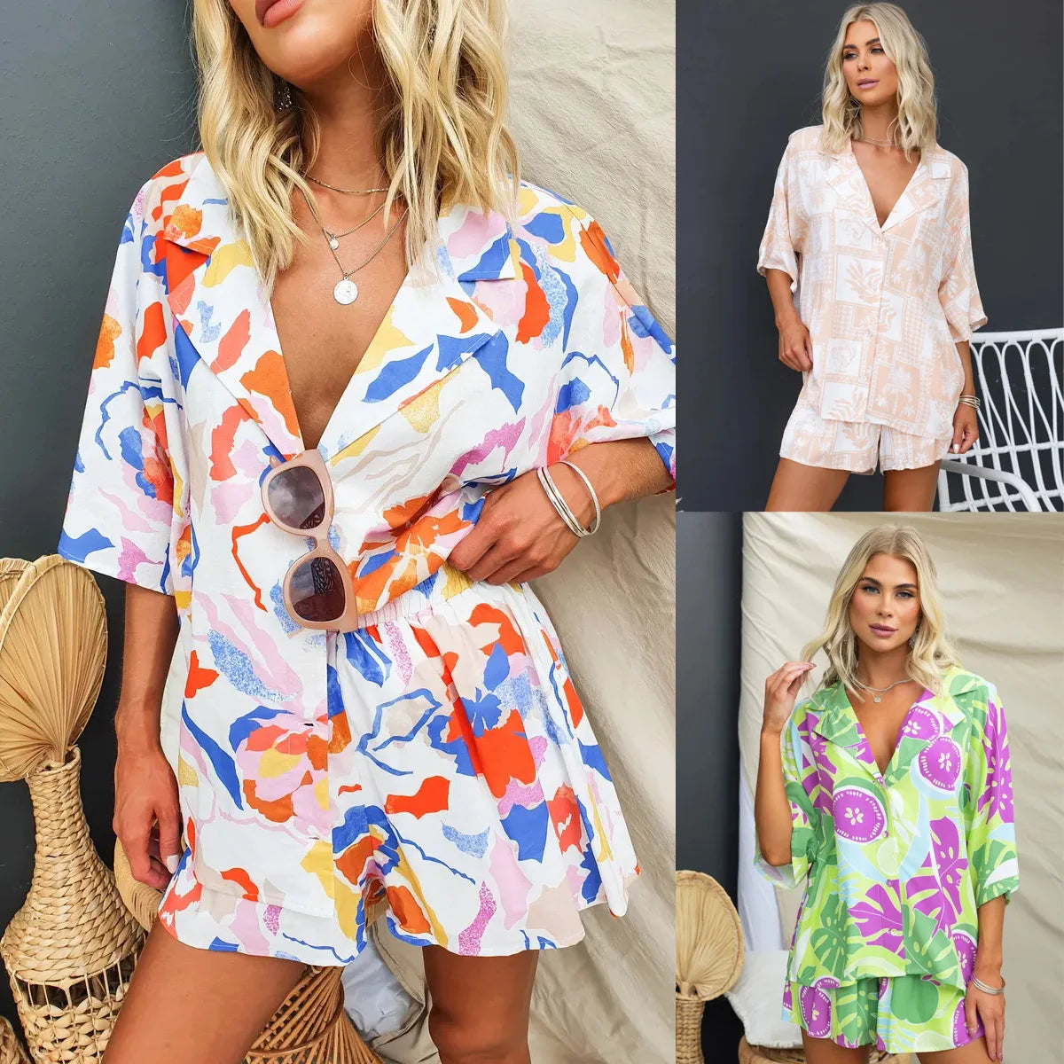 Summer Women Retro Print Short Sleeve 2PCS Loose Suits Casual V-Neck Shirt Top Elastic Waist Short Pants Sets Beachwear