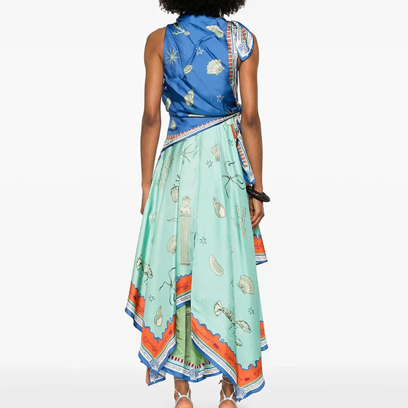 Casual Loose Satin Irregular Dress Ladies O-neck Sleeveless Printed Long Dress Sexy Hollow Out High Waist Pleated Evening Dress