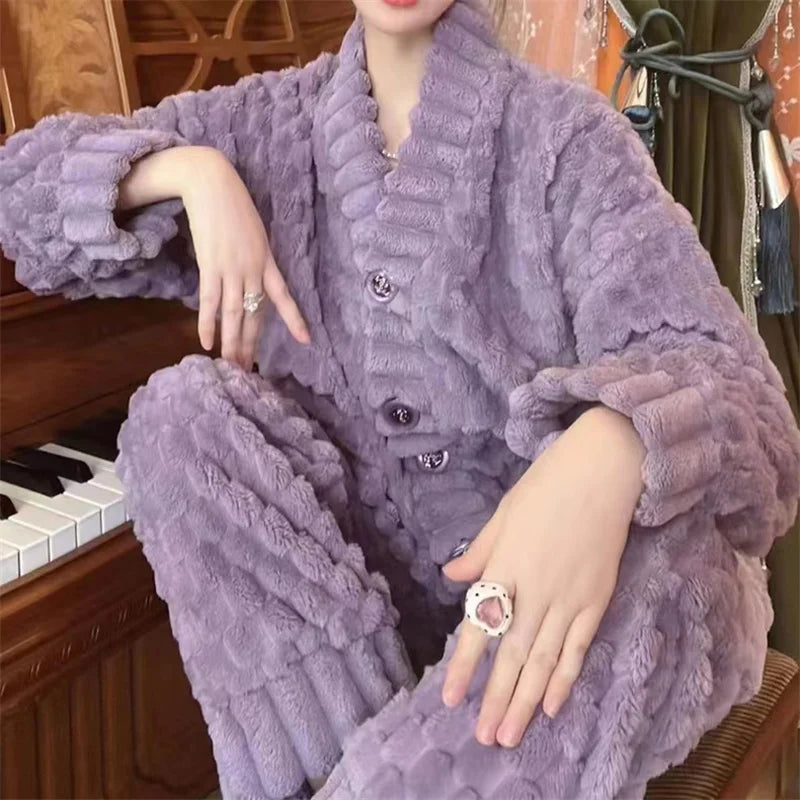 5XL Stripes Women's Flannel Cardigan Home Fur Solid Color Loose Coral Velvet Pajama Set Autumn/Winter Pants Two Piece Suit Red