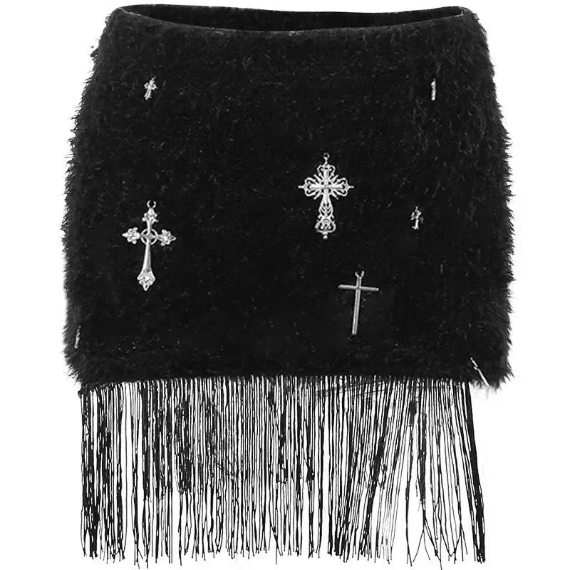 Gothic Classic Punk Cross Pendant Tassel High Elastic High Waist Sexy Plush Short Skirt Women's High-end Design Hip-pack Skirt