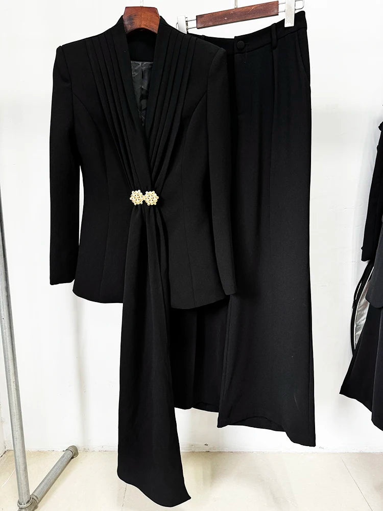 HIGH STEET Newest 2024 Designer Suit Set Women's Collarless Blazer Jacket Wide Leg Pants Suit 2pcs