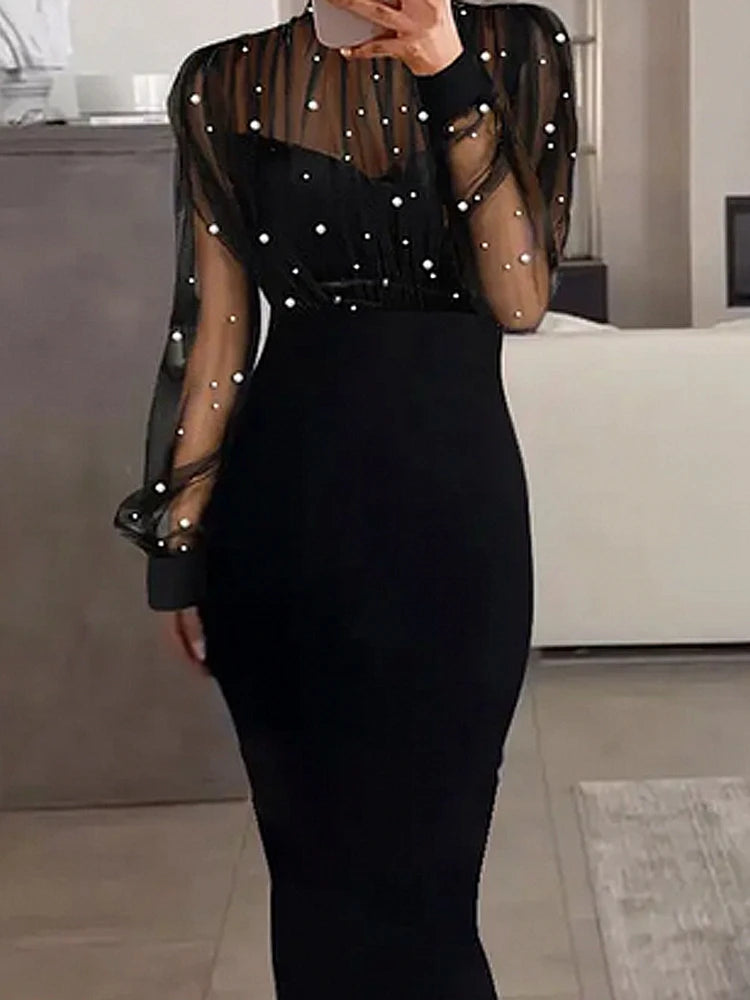 Ruched Beaded Contrast Sheer Mesh Long Sleeve Dress Slim Fit Bodycon Midi Black Dress for Women