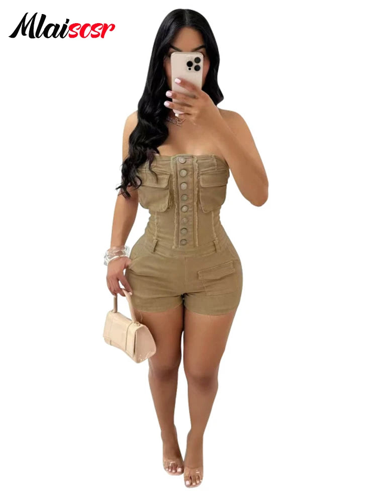 Mlaiscsr Sexy Off Shoulder Bodycon One Pieces Rompers Women Button Sleeveless Slim Cargo Short Pants Jumpsuits Club Overalls