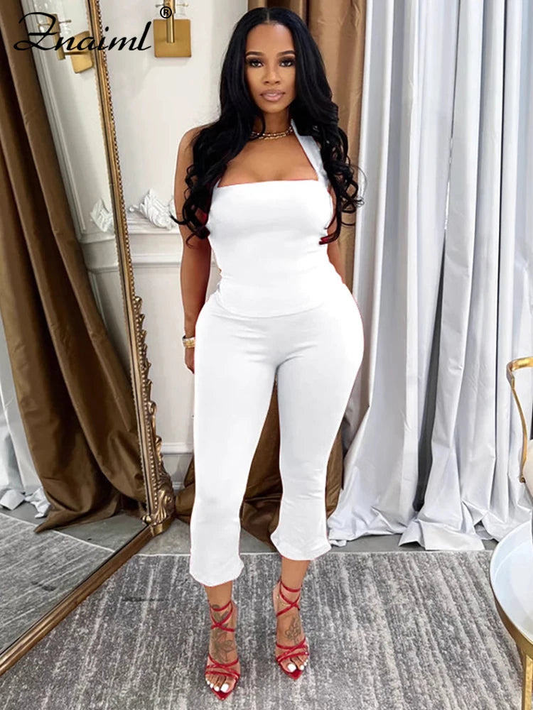 Znaiml Elegant Sleeveless Halter Crop Top and Pants Set Women 2 Pieces Outfits Sexy Night Club Birthday New In Matching Suits