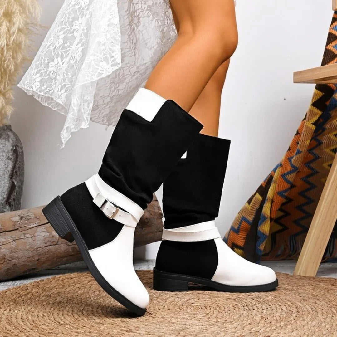 Women's large-sized black and white patchwork thigh-high knee-length fashion boots 2025 autumn/Winter round-toed boots