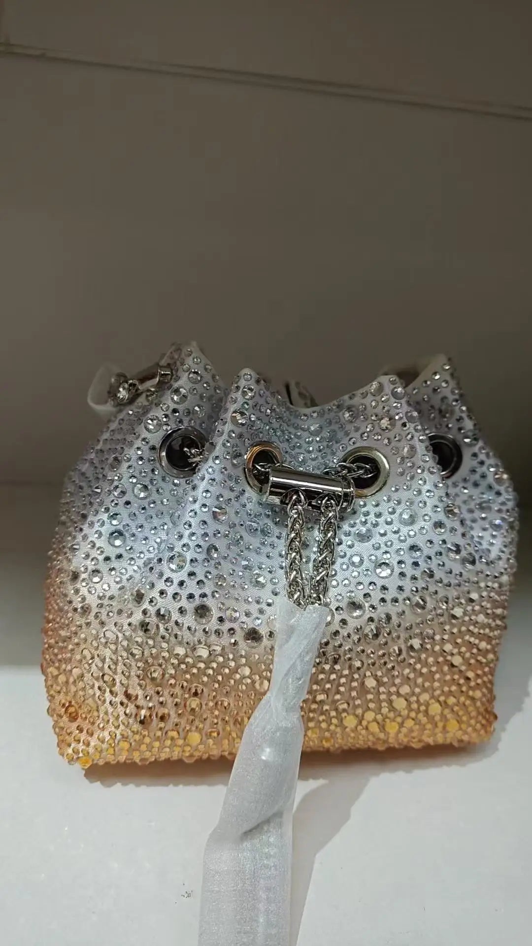 Crystal Shiny Diamonds Bucket Bag Fashion Women Handbag Metal Ring Handle Evening Bag Wedding Party Clutch Purse Crossbody Bag