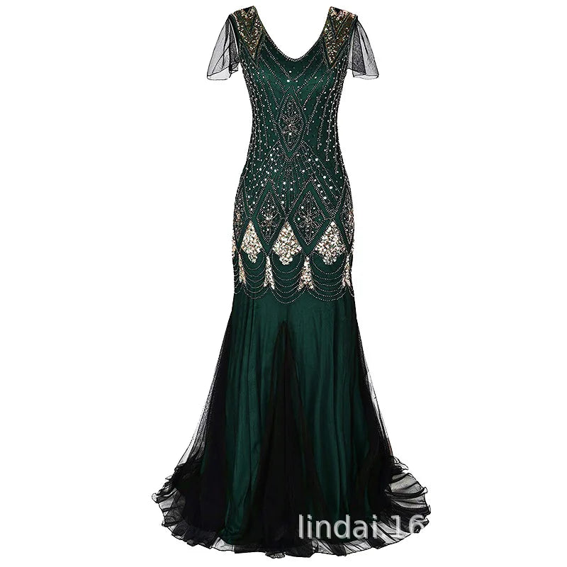 Sequined Beaded Mermaid Dress With V Neck for Women