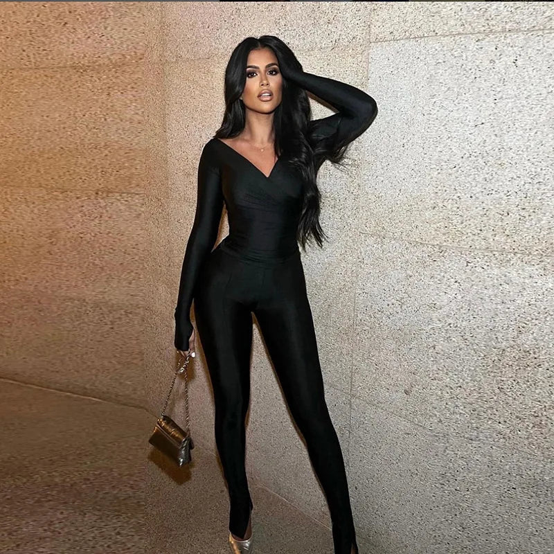 2025 Spring/Summer Women's Sexy Off Shoulder Big V-neck European and American Style High Waist Tight Pants Casual Sports Set