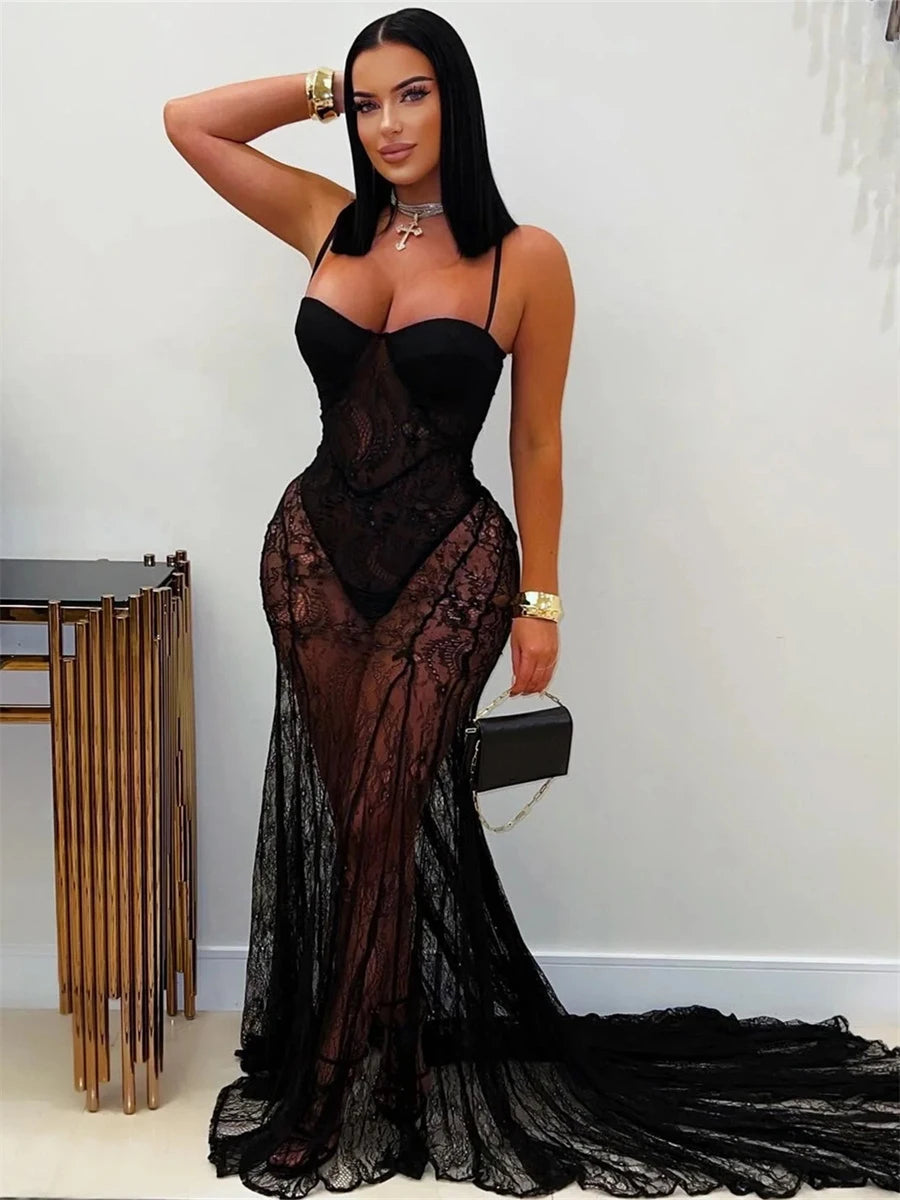 Weird Puss Sexy Mesh Jacquard Dress Women See Through Patchwork Sleeveless Backless Stretch Skinny Midnight Party Club Vestidos