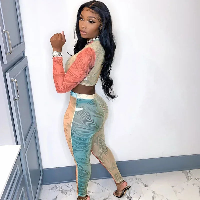 Printing 2 Piece Outfit Set Women Clothing Sportwear Fitness Skinny Long Sleeve Top and Pants Leggings Matching Sets Tracksuit
