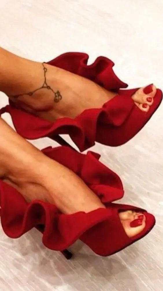 Red Ruffled Peep Toe Thin High Heel Sandals For Women