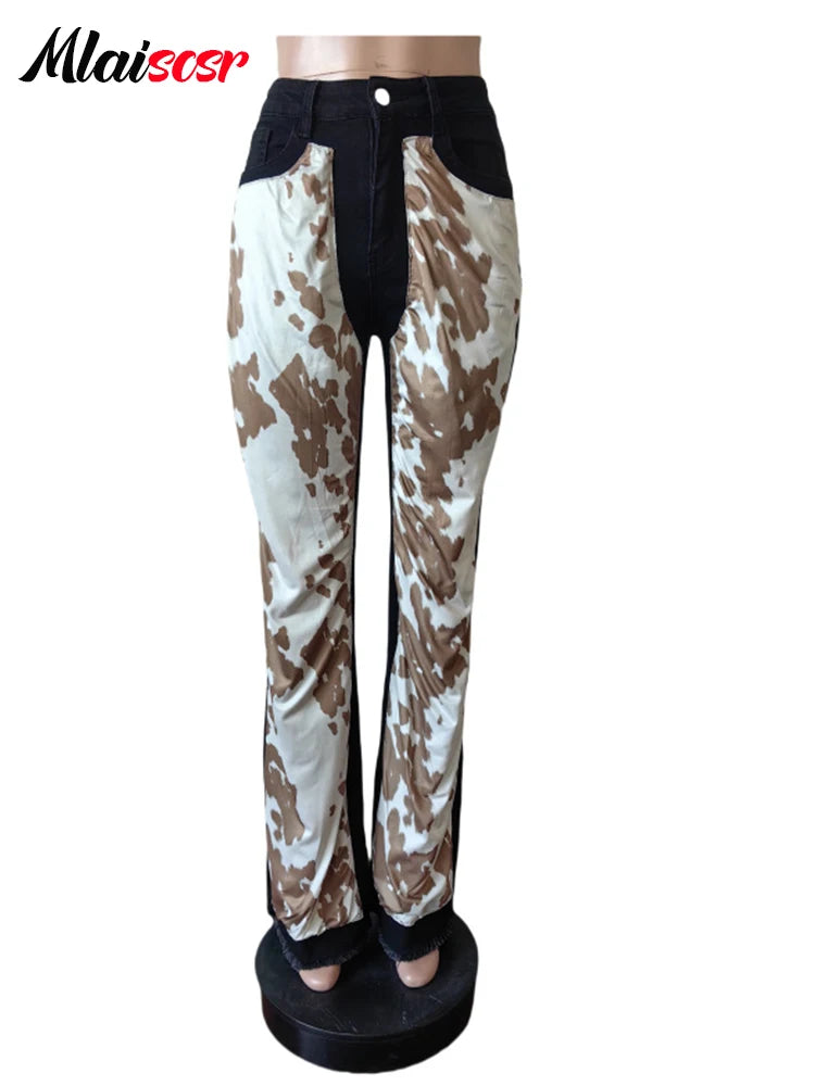 Mlaiscsr Fashion High Street Printed Patchwork Stretch Jeans Women Sales Button Boot Cut Denim Flare Pants Boyfriend Trousers