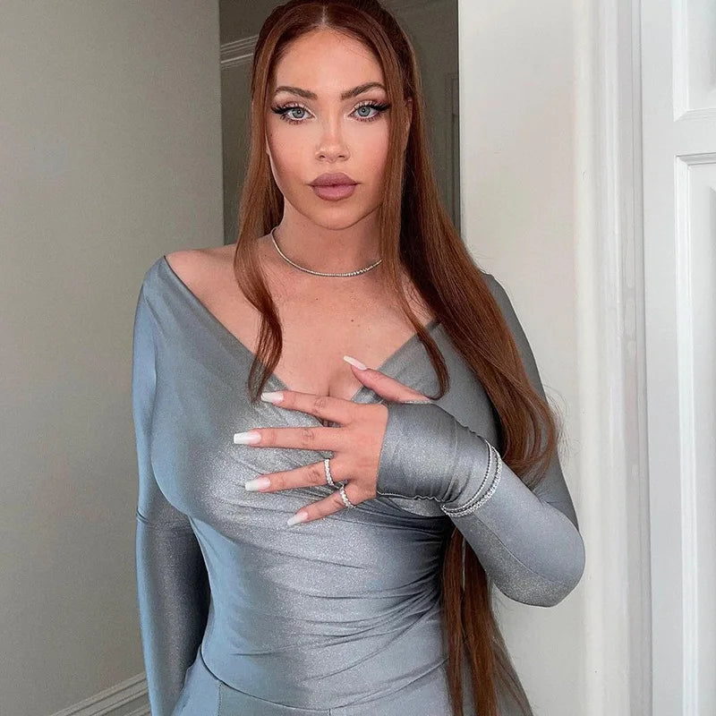 2025 Spring/Summer Women's Sexy Off Shoulder Big V-neck European and American Style High Waist Tight Pants Casual Sports Set
