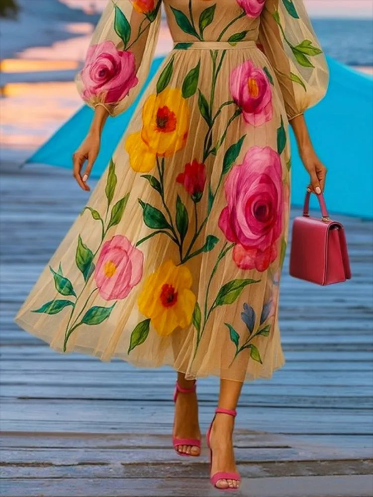Gymystars Woman Beach Dress Elegant Party Dresses Summer Fashion Puff Sleeves Flower Print See-Through Chiffon Bohemian Dress