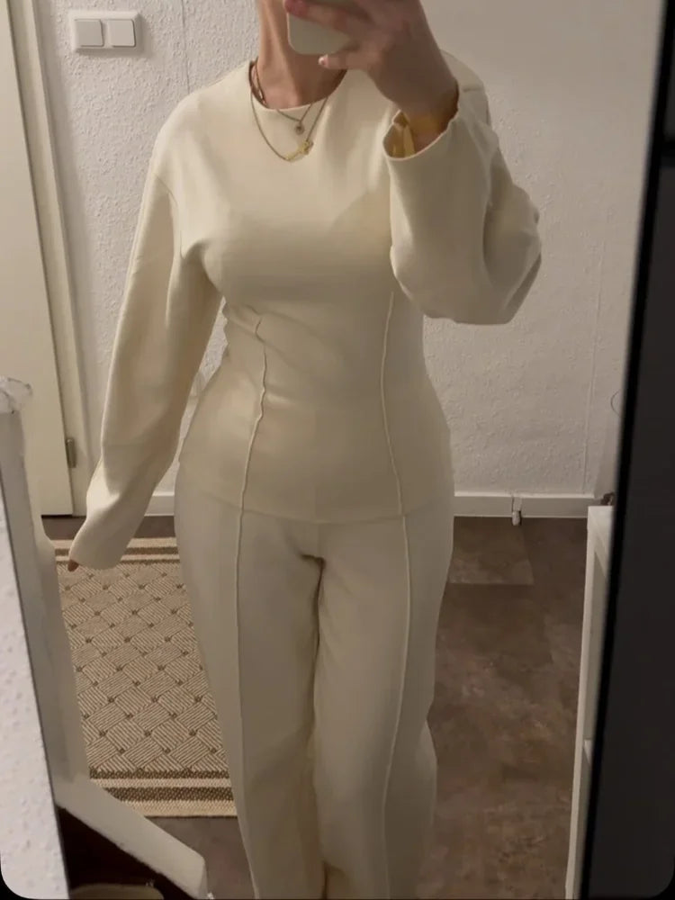 Elegant Women Casual Solid Pants Suits Round Neck Full Sleeve Shirt Wise Leg Straight Pant Suit Lady New Basic 2 Pieces Set 2025