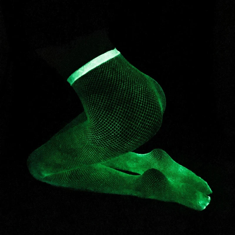 Woman Flash Luminous Fishnet Stockings Open Crotch Pantyhose Moving Mesh Leggings Tights Perspective Glow Dark Lingerie Gothic