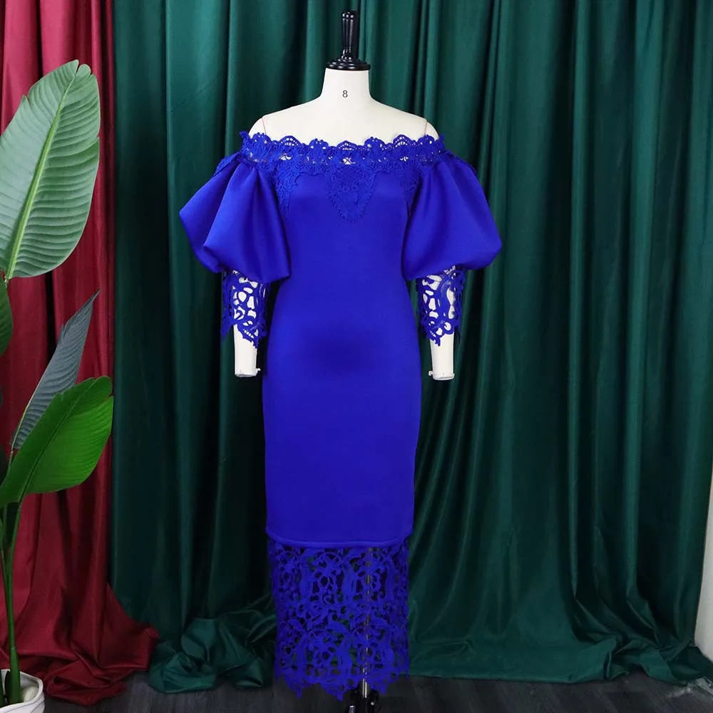 Elegant Dresses for Woman Off the Shoulder Lantern Sleeve Lace Patchwork Sheath Package Hips Ankle Length Luxury Birthday Dress