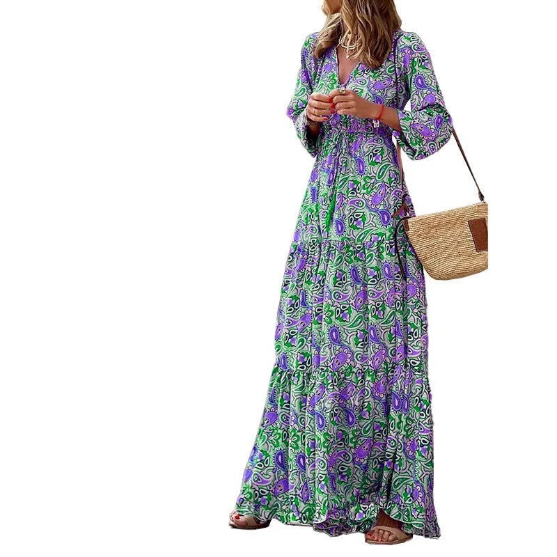 2026 New In-Stock Women's Fashion V-Neck Long-Sleeve Mid-Length Bohemian